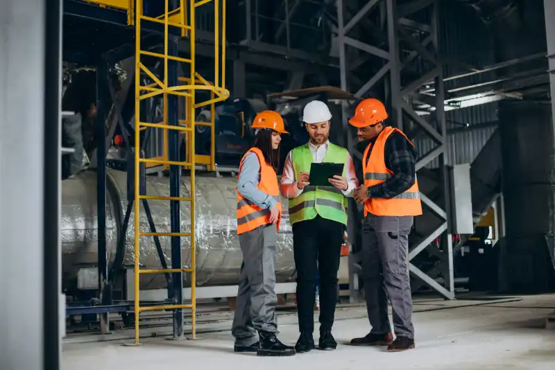 three factory workers discussing the work 2048x1366 1 1