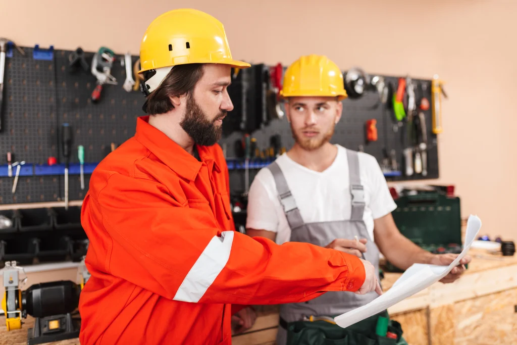 two-builders-work-clothes-yellow-hardhats-working-workshop-with-tools-background